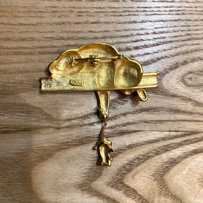 Cat and mouse brooch by JJ with dangly tail in gold tone - The Hirst Collection
