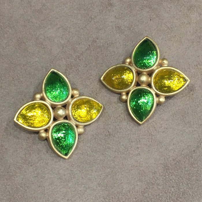 Rima Ariss London Green Yellow Foiled Glass Gold Plated Statement Clip On Earrings - The Hirst Collection