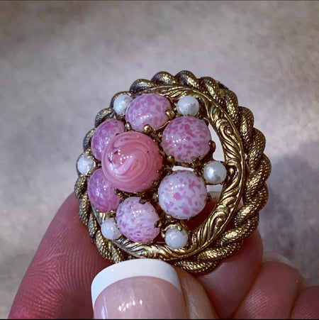 Vintage pink glass beaded small brooch - The Hirst Collection