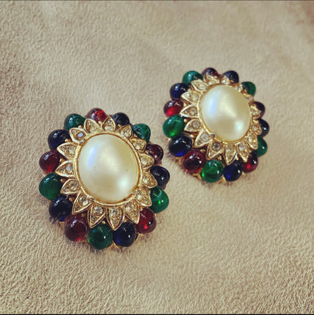 Ciner large glass pearl emerald sapphire ruby large clip on earrings - The Hirst Collection