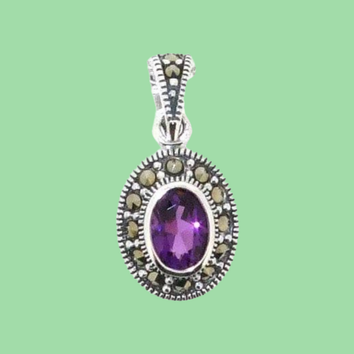 Amethyst Purple Pendant Necklace Silver Marcasite on chain - The Hirst Collection