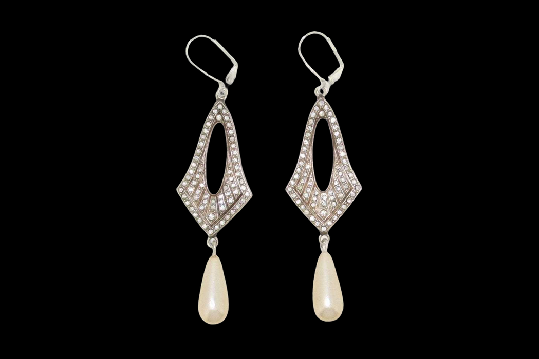 Art Deco Pearl Drop Hoop Earrings Vintage Bride  Wedding - The Hirst Collection