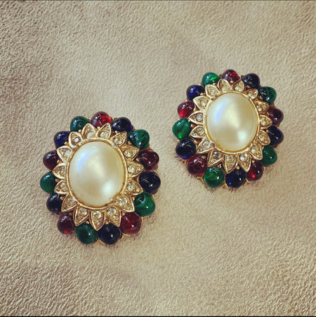 Ciner large glass pearl emerald sapphire ruby large clip on earrings - The Hirst Collection