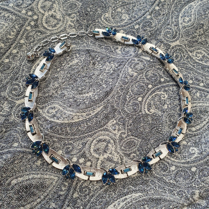 Silver Plated Necklace Sapphire Blue Crystal by Trifari Unsigned - The Hirst Collection