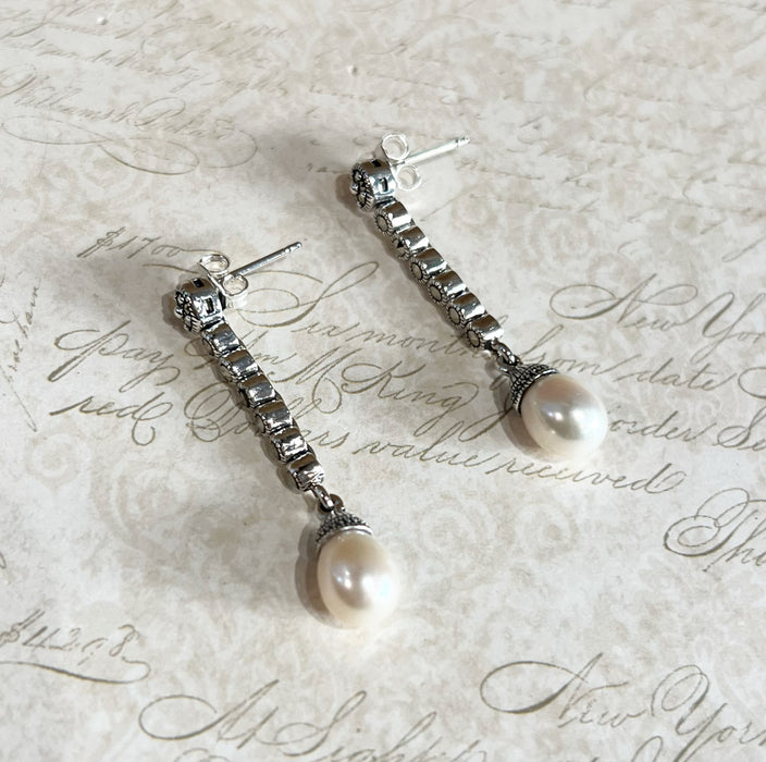 Art Deco Earrings Freshwater Pearl Vintage Bride Wedding Silver Marcasite