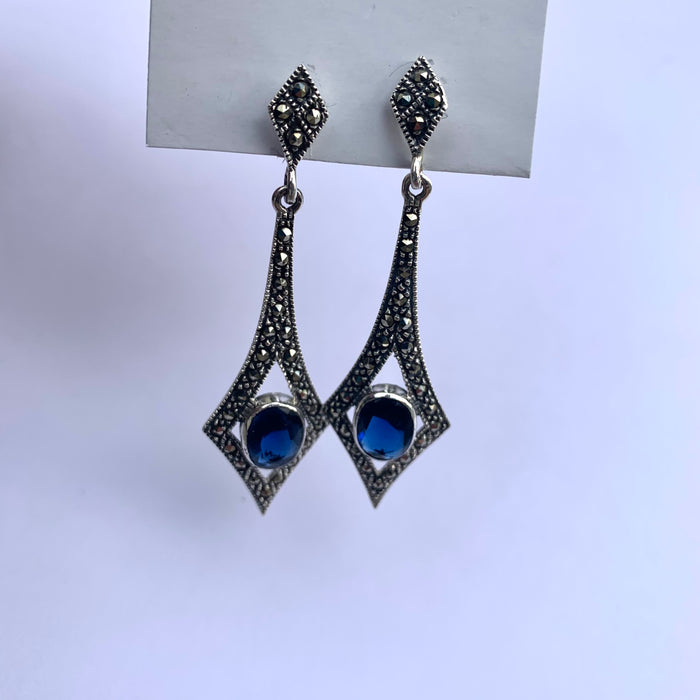 Sapphire Blue Art Deco Spear Earrings in Silver and Marcasite - The Hirst Collection