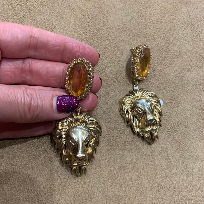 Chandelier lion earrings with Amber crystal - The Hirst Collection