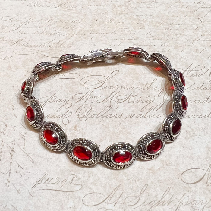 Marcasite Sterling Silver and Ruby coloured Cubic Zirconia Bracelet Delicate