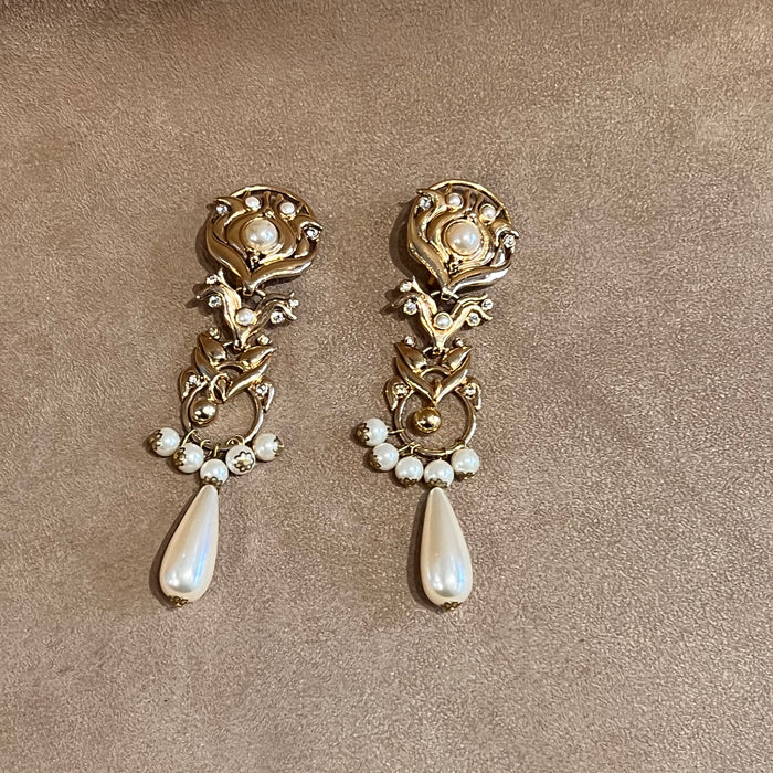 Abbey Road Pearl and Gold Chandelier Statement Earrings