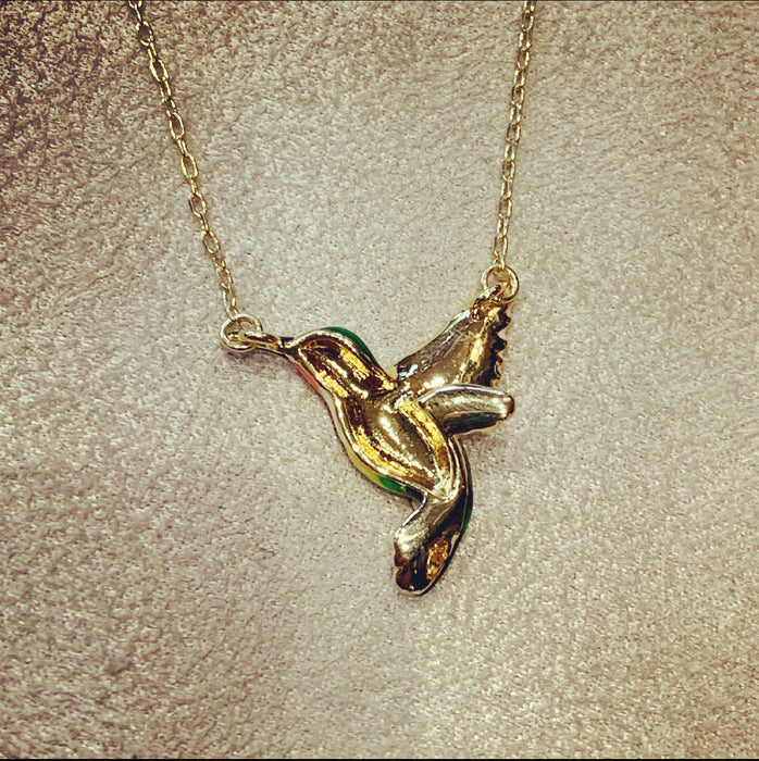 Hummingbird pendant necklace by Bill Skinner with blue green enamel - The Hirst Collection