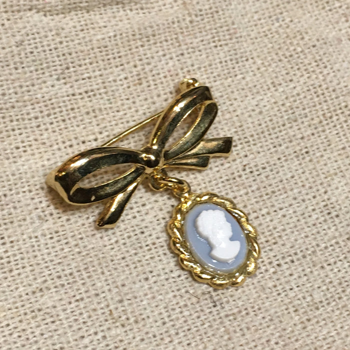 Vintage Small Blue Cameo Brooch With Gold Bow