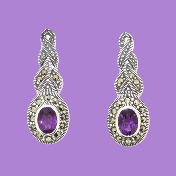 Amethyst silver Marcasite plait oval Earrings - The Hirst Collection