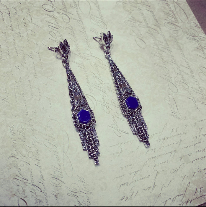 Lapis Lazuli Art Deco Articulated Earrings in Silver - The Hirst Collection