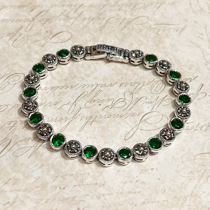 Marcasite Sterling Silver and Emerald Green Cubic Zirconia Bracelet Delicate
