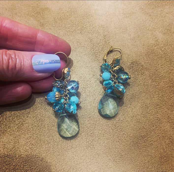 Askew London Blue Turquoise Dangling Charm Drop Earrings Gold Plated Vintage Glass Crystal