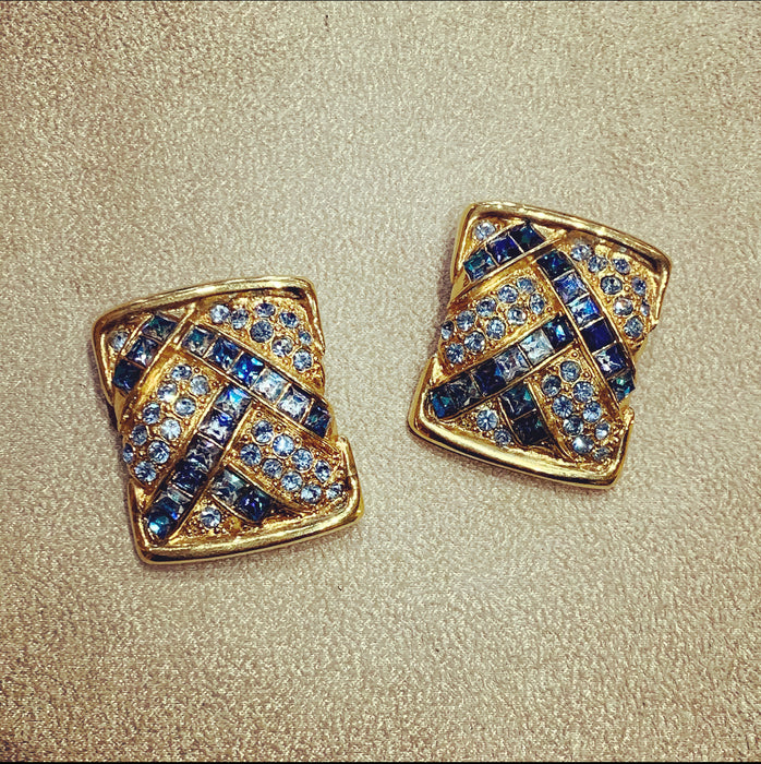 Yves Saint Laurent  Vintage Clip On Earrings Gold Blue Crystal Sqaure - The Hirst Collection