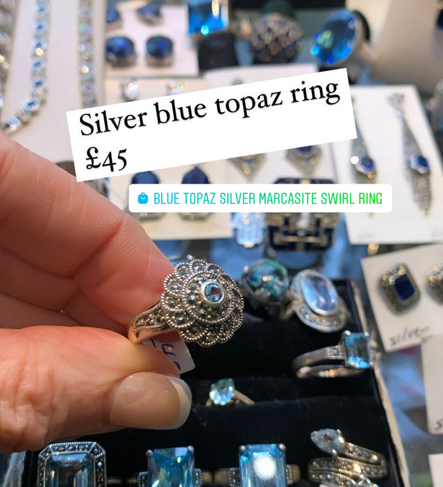 Blue Topaz silver Marcasite Swirl ring