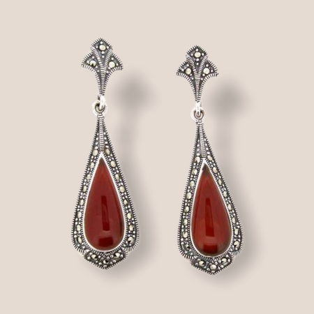 Carnelian Earrings Red Agate Silver Marcasite - The Hirst Collection