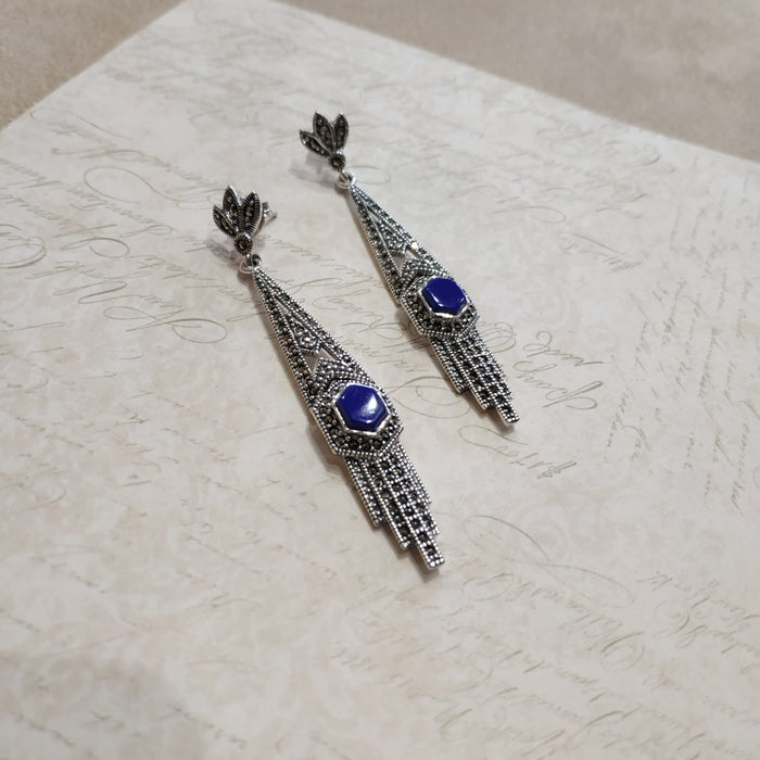 Lapis Lazuli Art Deco Articulated Earrings in Silver - The Hirst Collection