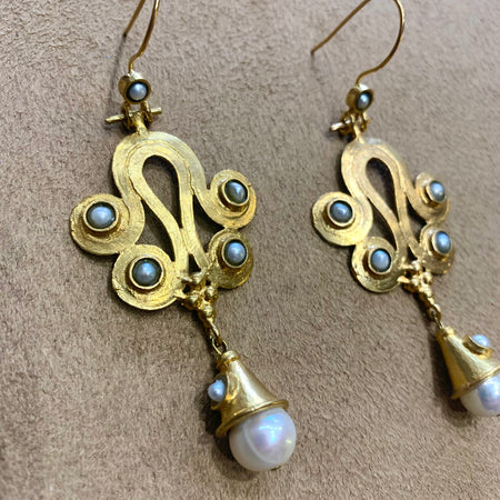 Etruscan style pearl gold drop earrings - The Hirst Collection