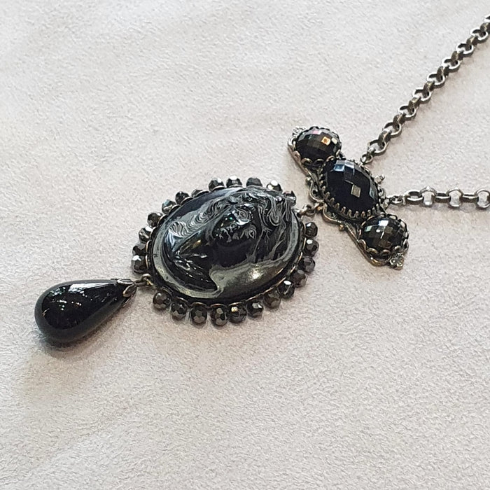 Askew London Black Glass Cameo pendant necklace  Silver Chain Signed - The Hirst Collection