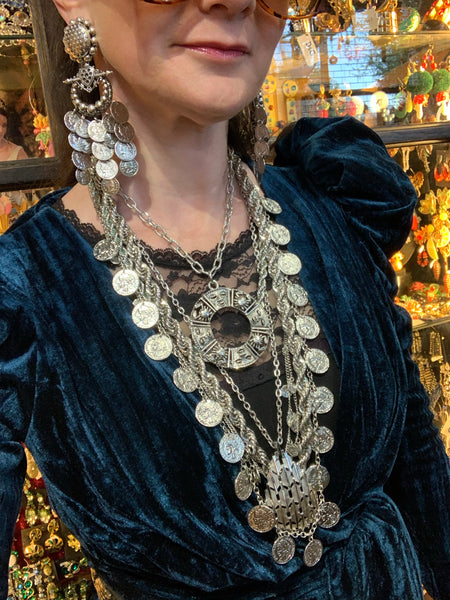 Statement vintage coin stamping drop chandelier earrings - The Hirst Collection
