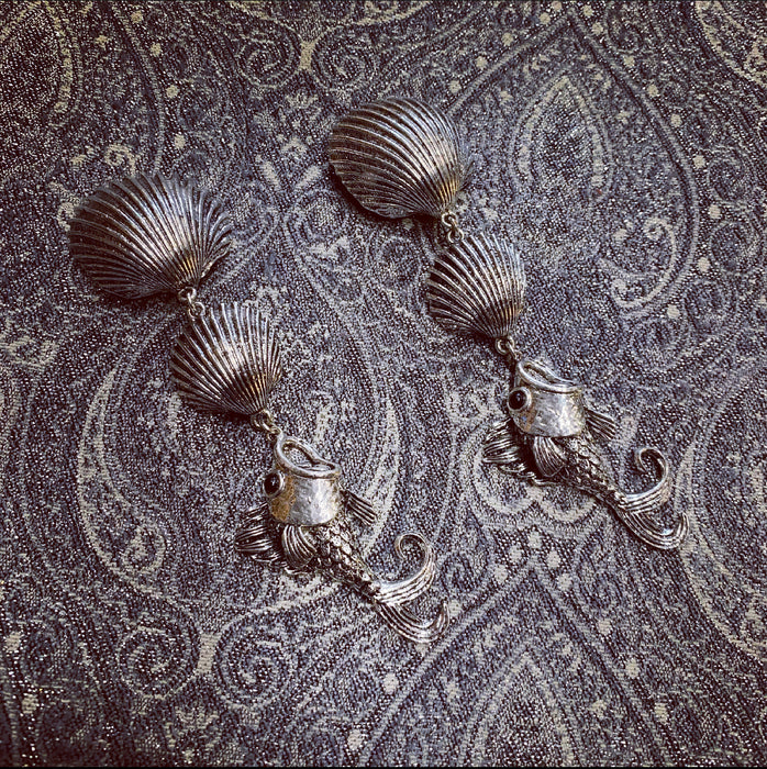 Large Statement silver fish shell earrings - The Hirst Collection