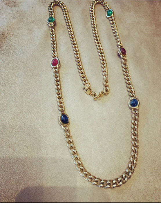 Grosse Long gold chain with emerald sapphire ruby glass - The Hirst Collection