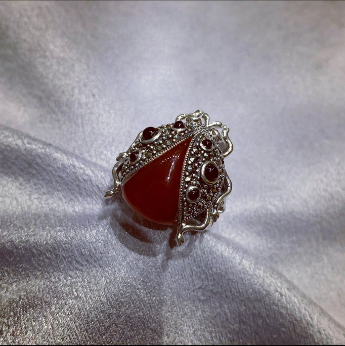 Ladybug Ring in Red Agate Silver Marcasite Ladybird