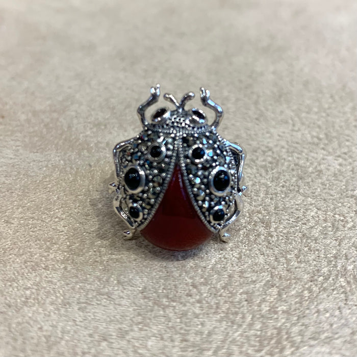 Ladybug Ring Red Agate Silver Marcasite Ladybird - The Hirst Collection