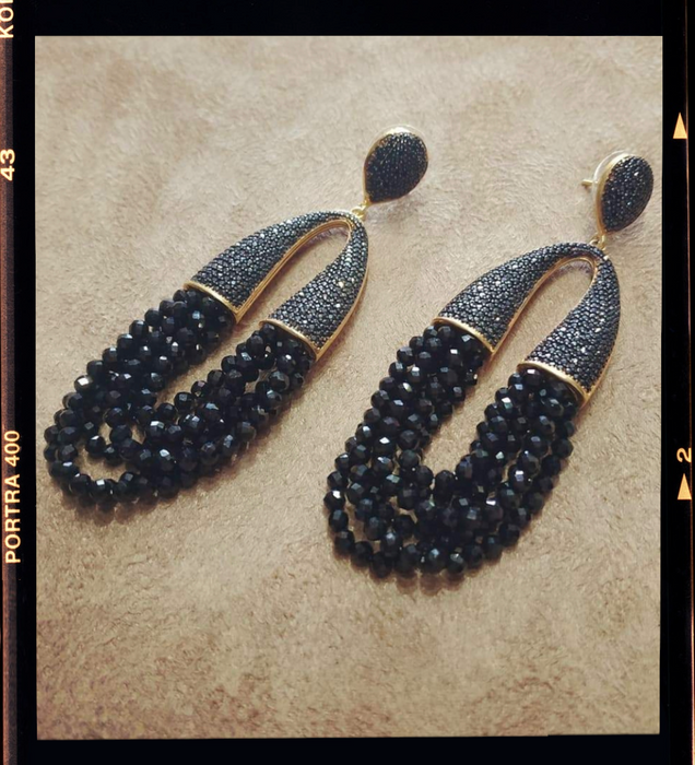 Waterfall Chandelier Black beads Black onyx pave earrings - The Hirst Collection