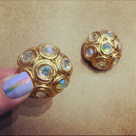 Jacky De G Chunky Vintage Opaline  Gold Round Earrings - The Hirst Collection